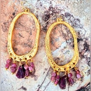 Etruscan-inspired Natural Raw Tourmaline In Hammered Gold Plated Large Earrings